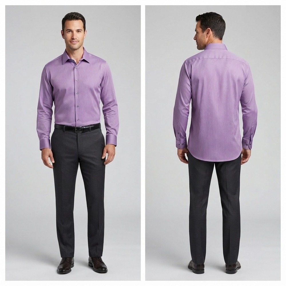 Robert Graham Mens Purple Pinstripe Cotton Dress Shirt Paisley Trim Size 17 43